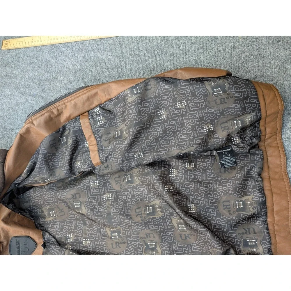 Urban Republic Jacket Mens Small Brown Faux Leather Hooded Moto Zip Pockets - Picture 7 of 12